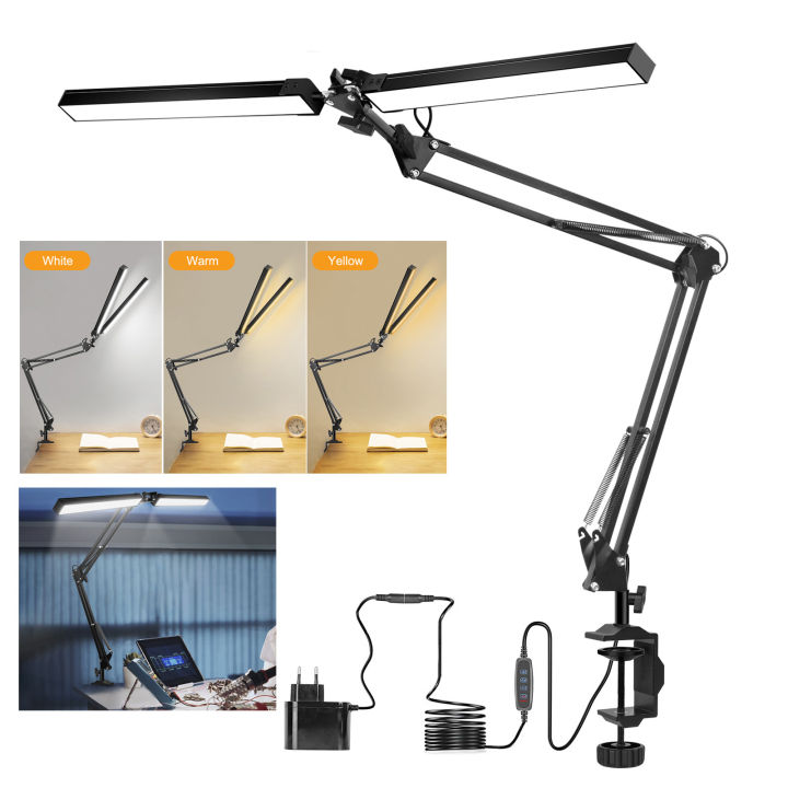 LED Double Head Reading Desk Lamp 24W Foldable Swing Arm Desk Lamp with  Clip Dimmable for Workstation PC Eye Protection Office