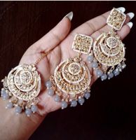 EVINCO GOLD PLATED KUNDAN AND BEADS DANGLER EARRINGS WITH MAANG TIKKA GREY