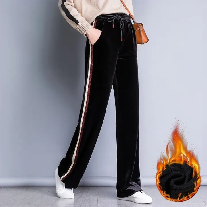 Draping Effect Women's Korean-Style Casual Fleece-Lined Straight Pants ...