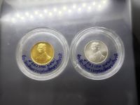 เหรียญทองคำ ชุด 2 เหรียญ รับประกันแท้ เนื้อทองคำและเนื้อเงิน เหรียญที่ระลึก เดินการกุศล เทิดพระเกียรติ รัชกาลที่9 พ.ศ.2527 น้ำหนัก 2 สลึง สภาพสวย พร้อมตลับเดิมๆ