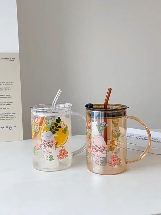 1000ml Glass Cups With Lid And Straw Drinkware Cute Coffee Mugs