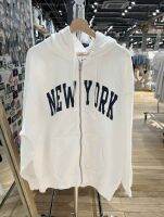 เสื้อคาร์ดิแกนมีซิปลายตัวอักษร NewYork วินเทจสไตล์อเมริกันแบบใหม่จากเว็บไซต์ทางการ BM เสื้อสเวตเตอร์มีฮู้ดทรงหลวม BM