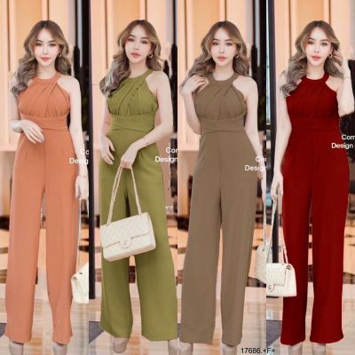 Jumpsuit จั๊มสูทขายาวแขนกุด อกจับจีบ ช่วงเอวแต่งผ้าไขว้ ทรงสวยเข้ารูป ทรงขายาว งานสุดหรู 17686