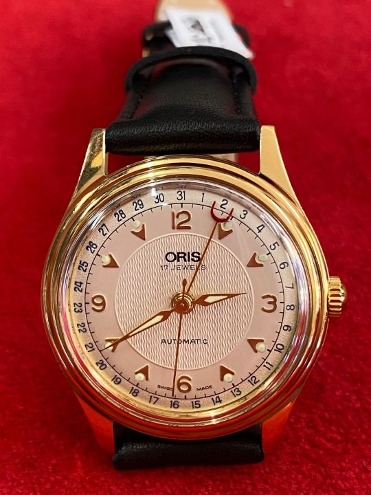 oris-17-jewels-automatic-เข็มชี้วันที่ก้ามปู-ตัวเรือนทองชุบ-นาฬิกาผู้ชาย-นาฬิกามือสองของแท้