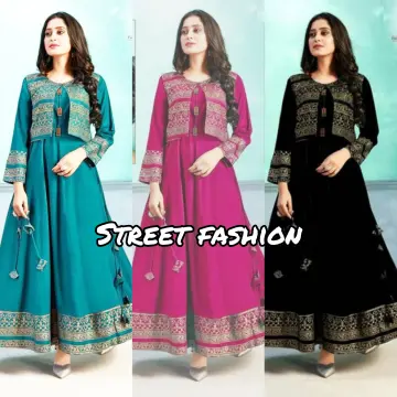 Buy Rayon Fabric Latest Kurti with Jacket for Women and Girls, Anarkali |  Women's Fashion Bollywood Designer Long Kurti with Jacket Gown Dresses  (Color_Royal Blue) (Large, Royal Blue & White) at Amazon.in