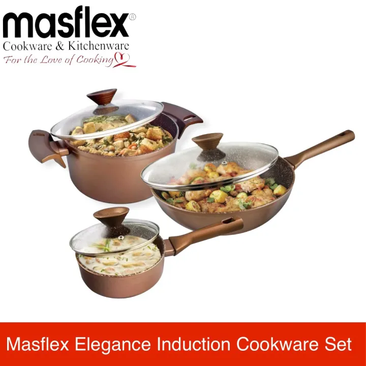 Masflex 6 Piece Elegance High Quality Induction Ready NonStick Cookware Set with Tempered Glass