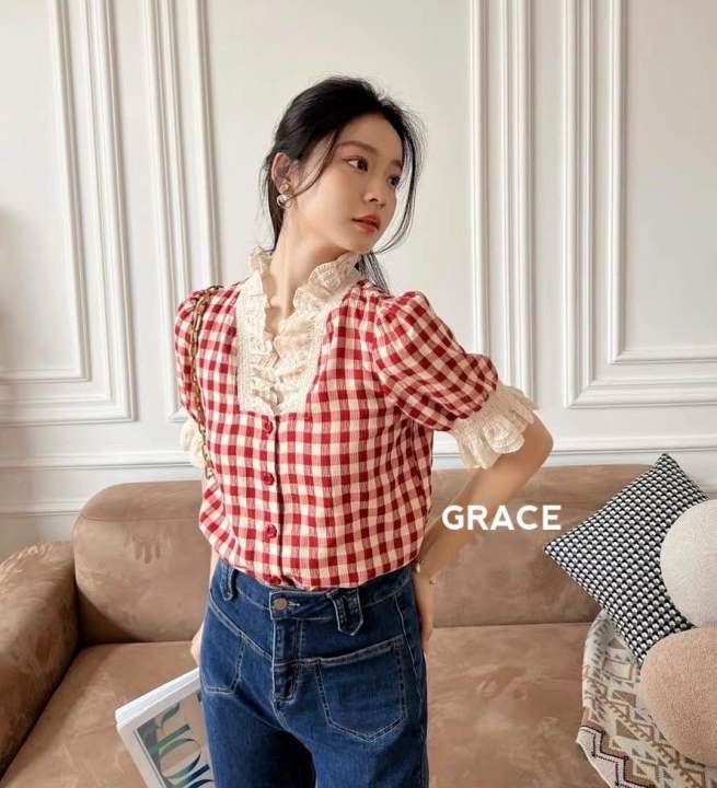 เสื้อสไตล์เกาหลีแต่งระบายรอบคอสวยละมุนป้ายgrace