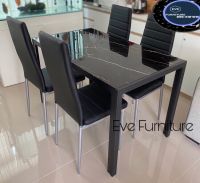 ◓ ชุดโต๊ะกินข้าว4ที่นั่ง ขนาดโต๊ะ : W120 x D70 x H75 cm เก้าอี้ : เก้าอี้ขาสีเทา เบาะหุ้มหนังพีวีซีสีดำ
