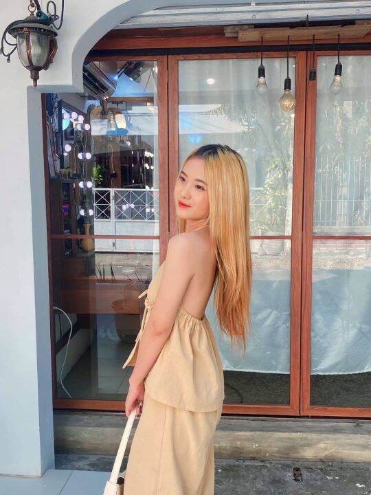 ชุดเซ็ต-สายเดี่ยวมัดคอสม๊อคหลัง-กางเกงขาบานระบาย