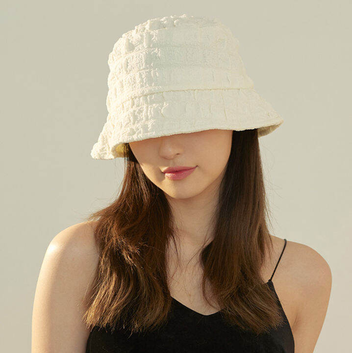 Pleated Seersucker Bucket Hat Korean Sweet Bucket Hat Sun Protection