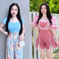 ?FLAH Zeza??ชุดเซ็ทลายดอกฟ้า งาน3ชิ้น?(เสื้อ+กางเกง+เชือกผูก)