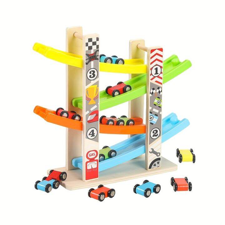 Wooden Car Ramp Racer Toy with 4 Mini Cars Educational Fun for Toddlers ...