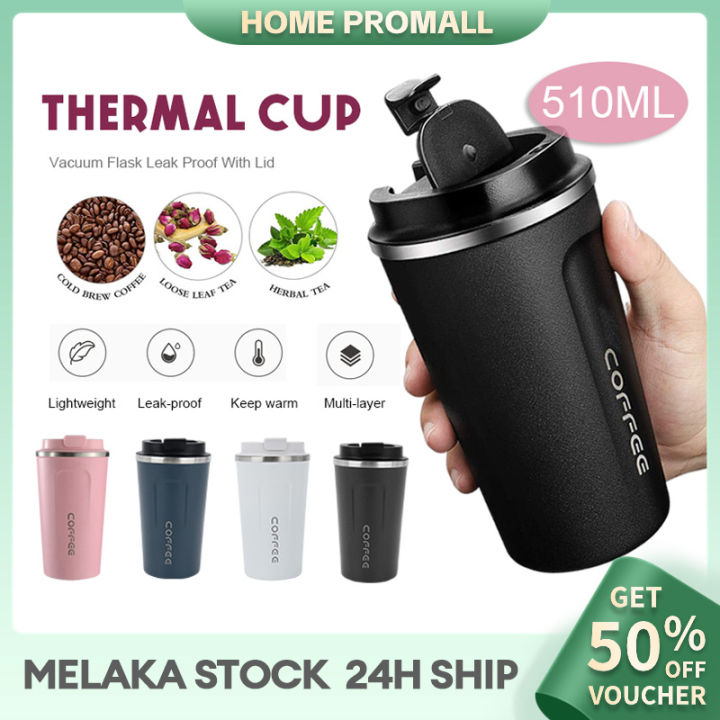 510ml Thermos Coffee Mug Stainless Steel Coffee Cup Vacuum Flask Thermal Tumbler Insulated Cup Water Bottle Portable Leak-Proof Travel Mug Black