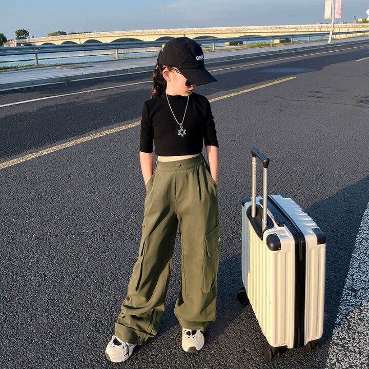 Girls Cargo Pants Autumn 2023 New Fried Street Suit Straight Wide Leg 12 Years Old 10 Girls 13