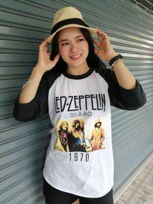 เสื้อ​วง​Led-Zeppelin​แขน​สา​มส่วน​ผ้า​บาง​เสื้อขาวแขนดำ