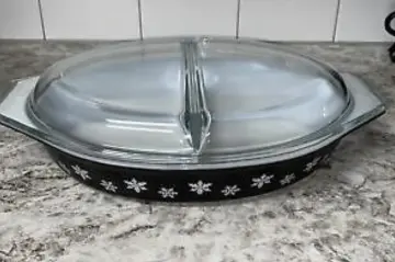 Pyrex Black Snowflake Oval Divided Casserole Baking Dish with