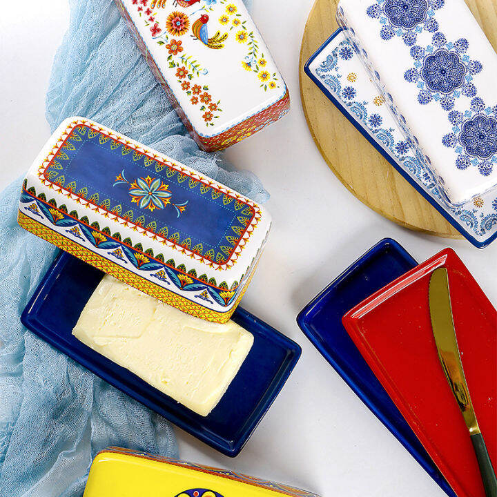 OMK Blue Talavera series Ceramic Butter Dish with Lid Butter Keeper for