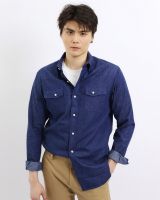 Bank’s denim shirt with hidden button down collar, snap front and flap pockets เสื้อเชิ้ตแขนยาว เสื้อเชิ้ตเดนิม