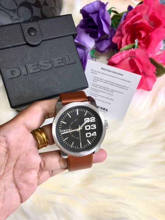นาฬิกาข้อมือผู้ชาย-diesel-mens-double-down-46-three-hand-brown-leather-watch-size-53mm-รับประกันของแท้-100