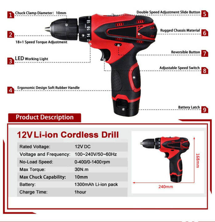 12V Cordless Drill Battery Screwdriver Heavy Duty 100 Copper Motor with 1.3Ah Battery Pack 2