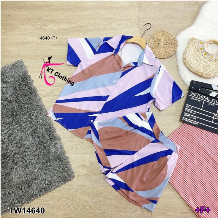 14640-set-เสื้อเชิ้ตแขนสั้น-กางเกงขาสั้น-ลายกราฟฟิก