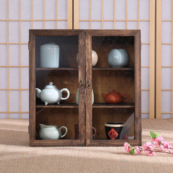 Solid Wood Desktop Storage Box Dustproof Glass Display Tea Set