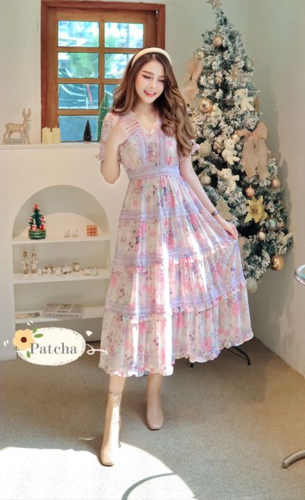 maxidress-สไตล์-วินเทจ-s-xl-เดรสลูกไม้-เดรสลายดอก-เดรสสีชมพู-ชุดเพื่อนเจ้าสาว-ชุดไปทะเล-ชุดออกงาน-เดรสสีม่วง-ชุดไปงาน-งานป้าย-patcha