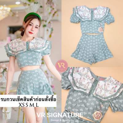 Set เสื้อครอปแขนพองสม็อคแขนพอง คอปกกะลาสี2ชั้น แต่งพิมพ์​ลวดลาย​น่ารักแต่งขอบลูกไม้ มาพร้อมกางเกงขาสั้นเข้าชุด ชายกางเกง