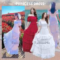 FashionHit•Princess Dress• Maxi Dress ยาว เปิดไหล่ แขนตุ๊กตา เอวสม็อกรอบ แต่งระบายชั้นๆ