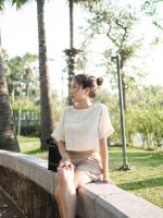 [sundaylife] Homeysunday crop top - white เสื้อครอปแขนสั้น เสื้อเอวลอย ผ้าธรรมชาติใส่สบาย minimal