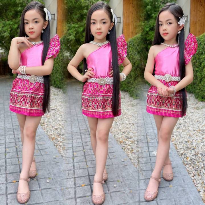 si-ชุดไทยเด็กผู้หญิง-สไบ-กระโปรงลายไทย-ชุดไทยเด็ก-แขนระบาย