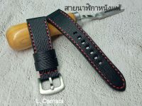 สายนาฬิกาหนังแท้ อัดลายสีดำ ด้ายแดง Watch Straps ขนาด 18, 20, 22, 24, 26 mm. แถม!! สปริงบาร์ 1 คู่ (ผลิตในไทย)