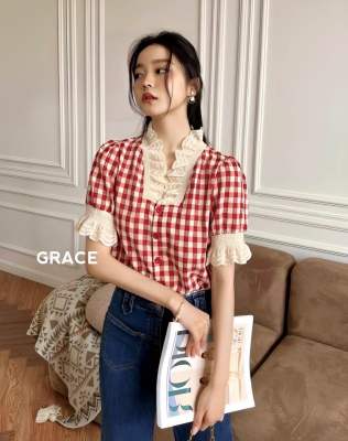 เสื้อสไตล์เกาหลีแต่งระบายรอบคอสวยละมุนป้ายGRACE