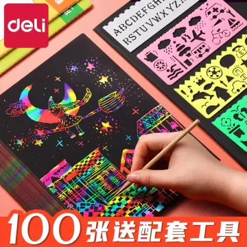 DIY Magic Rainbow Color Scratch Art Paper Card Set With Graffiti Stencil  Drawing Board Stick Art Painting Educational Toys Gifts