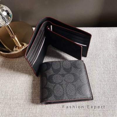 ✨ของแท้100%✨ กระเป๋าสตางค์ชาย COMPACT ID WALLET COACH F25519 BLACK/BLACK/OXBLOOD