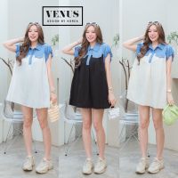 ??️Mini Dress มินิเดรสผ้าเชิ๊ตแต่งผ้ายีนด้านบน ช่วงแขนสามารถรูดได้นะคะ งานเก๋มากๆคะ