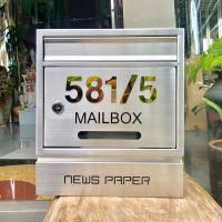 ตู้จดหมายสแตนเลสพร้อมเสริม ช่องนสพ ติดเลขบ้าน 5ตัวเลข MAILBOX สีทอง