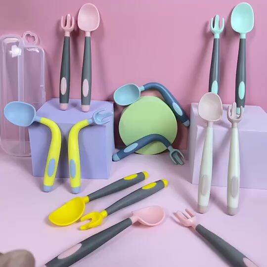 2pcs Silicone Spoon Fork for Baby Utensils Set Auxiliary Food Toddler Learn  To Eat Training Bendable Soft Fork Infant Tableware