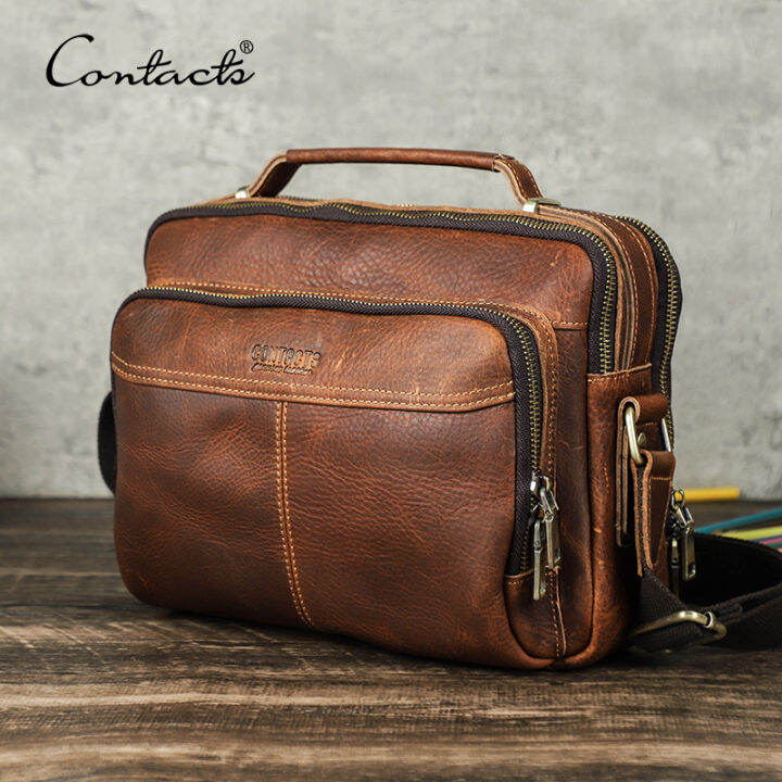 CONTACT'S Men Messenger Bag Genuine Leather Vintage Man Crossbody Bag