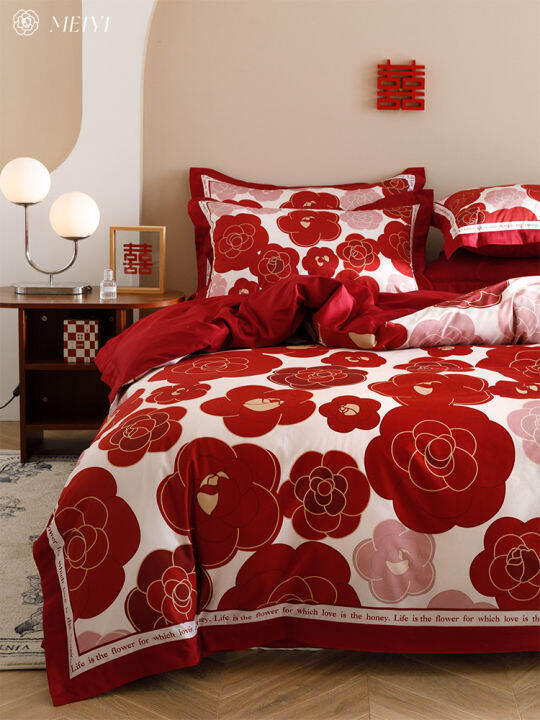 American Camellia 100 Wedding 4piece Bedding Set Bright Red Bed Sheets
