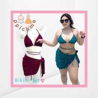 Ppickme•Bikini set เซ็ทบิกินี่ 3 ชิ้น ✅ ผ้าคลุมเป็นผ้าว่ายน้ำแท้ 100% เนื้อผ้าเด้งๆยืดๆ เป็นสเปนเดกซ์ ไม่อมน้ำ