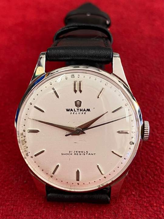 waltham-deluxe-shock-resistant-21-jewels-ระบบไขลาน-ตัวเรือนสแตนเลส-นาฬิกาผู้ชาย-มือสองของแท้