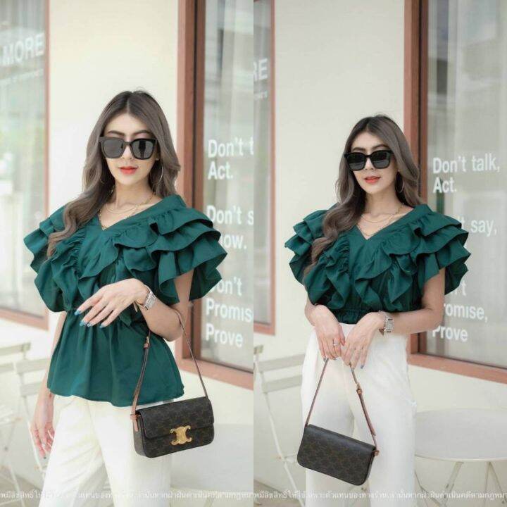เสื้อคอวีหน้า-วีหลัง-ระบายแขน-3ชั้น-ขนาดฟรีไซร้
