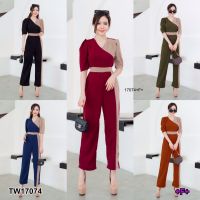 TW17074 Jumpsuit จั้มสูทแขนสั้น ทูโทน เนื้อผ้าวูเวฟ เอวมีสายผูกเก็บทรงชุด มีซิปซ่อนด้านหลัง พร้อมส่ง