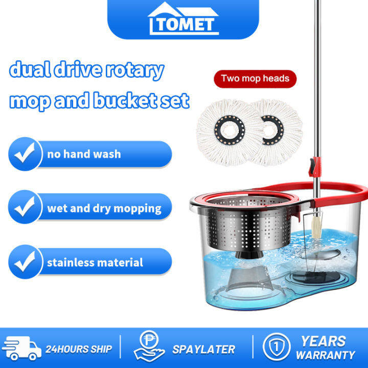 TOMET Spin Mop With Spinner Heavy Duty Stainless Steel Bucket Mop for ...