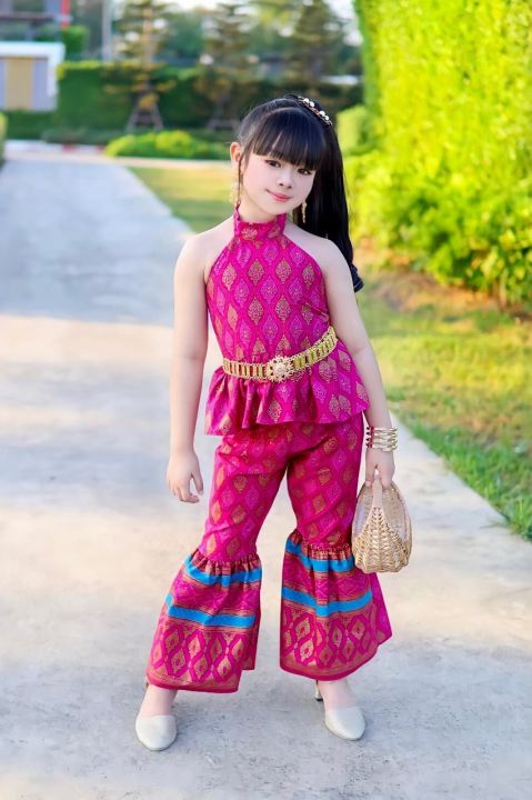 ชุดไทยประยุกต์เด็กหญิง-ชุดกางเกงขาบาน-ชุดย้อนยุคเด็ก-พร้อมส่ง