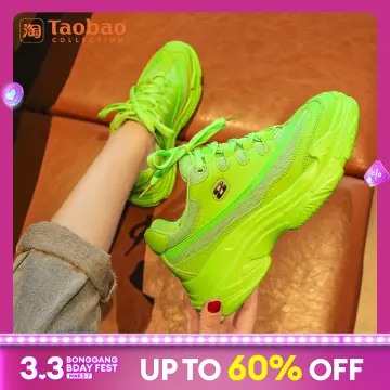 Sporty Chunky Sneakers For Women, Neon Green Lace-up Front Sneakers | SHEIN