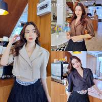 Maria Closet Blazer เบลเซอร์ครอปลายริ้วแขนพอง ผ้าโรเชฟ งานสวยหรู เบลเซอร์ทำงาน Soclothes