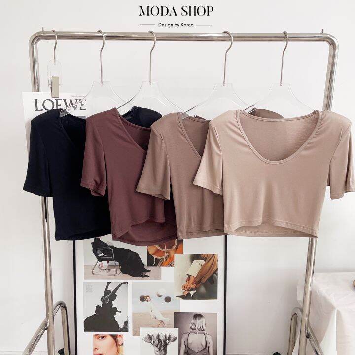 moda-shop-เสื้อยืดคอกลมทรงครอปแฟชั่นผู้หญิงตัวสั้นเสริมฟองน้ำที่บ่า