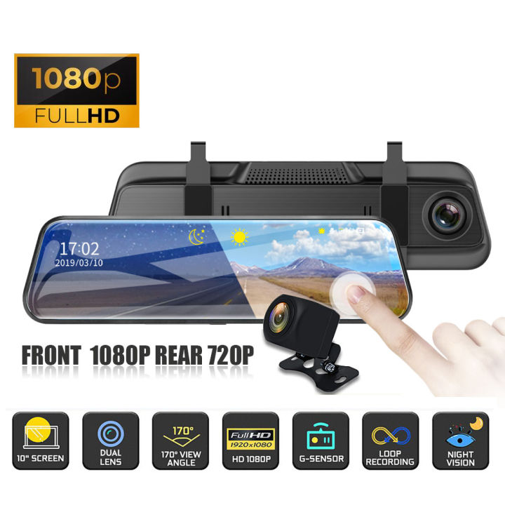  Backup Camera 10 inch Mirror Dash Cam Dual Lens Front Rear Dash  Camera 1080P Full Touch Screen Video Streaming Rear View Mirror Loop  Recording, Parking Monitor, Night Vision, Waterproof Rear Camera 